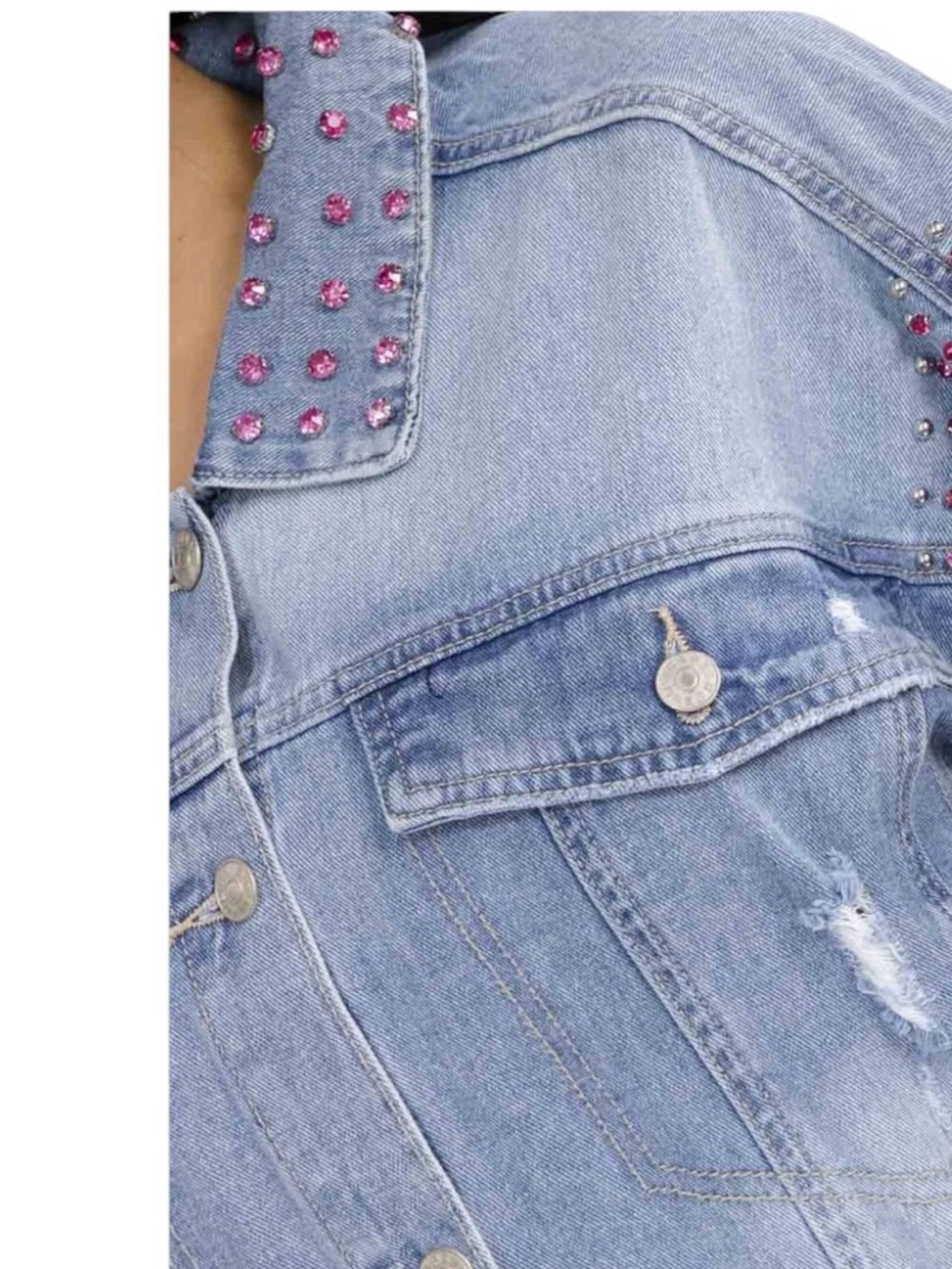 Pink Rhinestone Embellished Distressed Blue Washed Denim Jacket - Picture 2 of 4